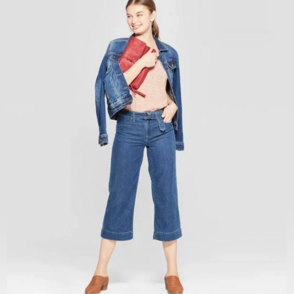 Universal Threads High Rise Wide Leg Crop Jeans Women 8/29R Belted Blue Denim